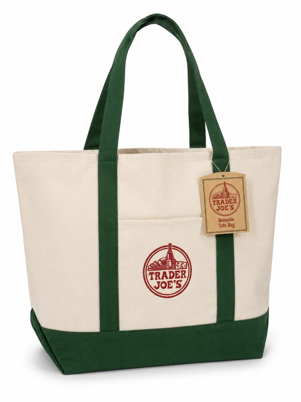 Trader Joe’s Reusable Canvas Tote Bag NWT Green & Cream Grocery Beach Book Tote